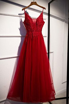 Sequined Appliques Aline Tulle Prom Dress with Spaghetti Straps - MX16037