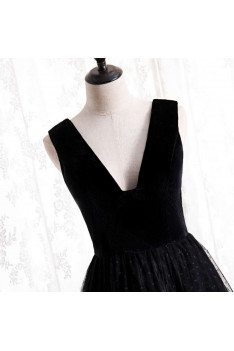 Polka Dot Long Black Tulle Formal Dress Vneck Sleeveless - MX16125