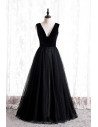 Polka Dot Long Black Tulle Formal Dress Vneck Sleeveless - MX16125