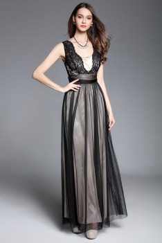 Lace Open Back Long Tulle Formal Dress - CK612