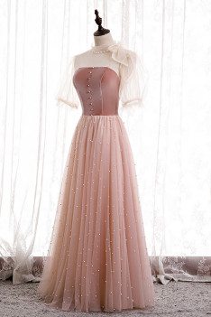 Retro Nude Pink Tulle Party Dress Beaded with Bow Knot Tulle Sleeves - MX16102
