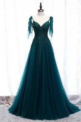Green Flowy Formal Long Tulle Prom Dress with Appliques Straps - MX16110