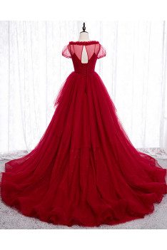 Burgundy Bling Tulle Formal Dress Ballgown with Short Sleeves - MX16033