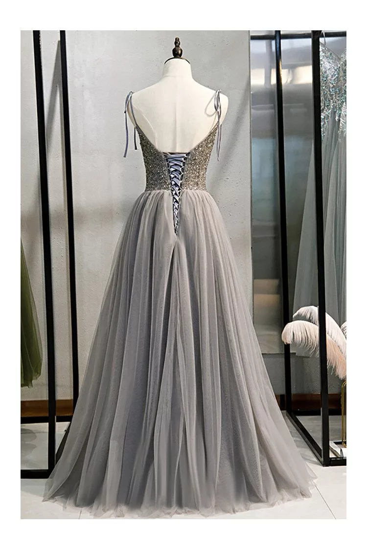Elegant Aline Grey Tulle Prom Dress with Sequined Bodice - $115.9776 # ...