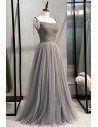 Elegant Aline Grey Tulle Prom Dress with Sequined Bodice - MX16070