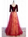 Burgundy Velvet with Tulle Long Formal Dress Vneck with Bling Sequins - MX16083