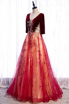 Burgundy Velvet with Tulle Long Formal Dress Vneck with Bling Sequins - MX16083