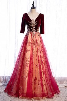 Burgundy Velvet with Tulle Long Formal Dress Vneck with Bling Sequins - MX16083