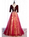 Burgundy Velvet with Tulle Long Formal Dress Vneck with Bling Sequins - MX16083