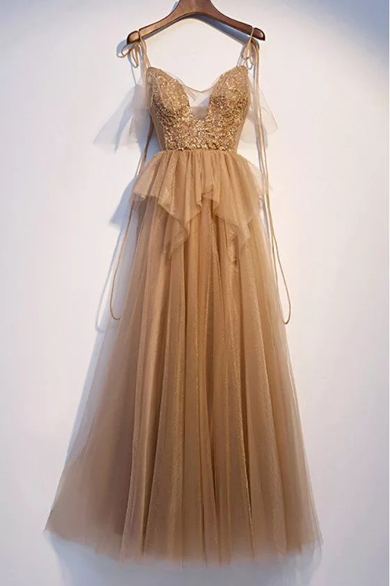 Flowy Tulle Vneck Champagne Prom Dress with Strappy Straps - MX16076
