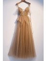 Flowy Tulle Vneck Champagne Prom Dress with Strappy Straps - MX16076