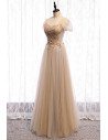Flowing Tulle Elegant Champagne Prom Dress Sequined with Cap Sleeves - MX16029