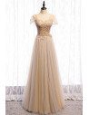 Flowing Tulle Elegant Champagne Prom Dress Sequined with Cap Sleeves - MX16029