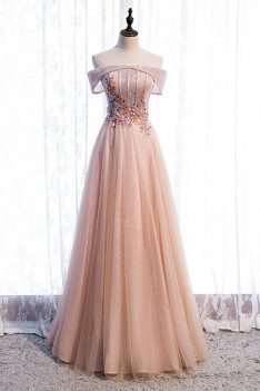 Bling Mesh Long Tulle Prom Dress Off Shoulder with Sequins - MX16028