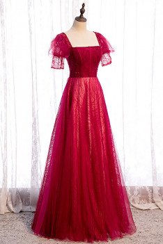 Burgundy Square Neckline Long Party Dress with Sequins - MX16051