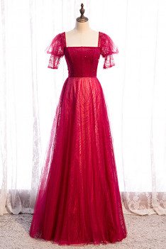 Burgundy Square Neckline Long Party Dress with Sequins - MX16051