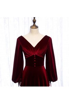 Deep Red Vneck Evening Dress Velvet with Lantern Long Sleeves - MX16060
