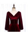 Deep Red Vneck Evening Dress Velvet with Lantern Long Sleeves - MX16060
