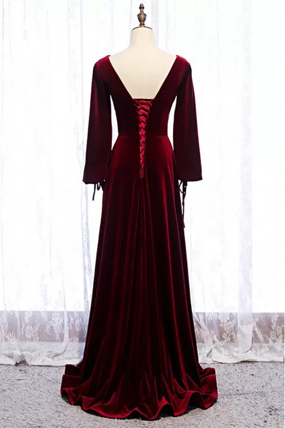 Deep Red Vneck Evening Dress Velvet with Lantern Long Sleeves - $104. ...