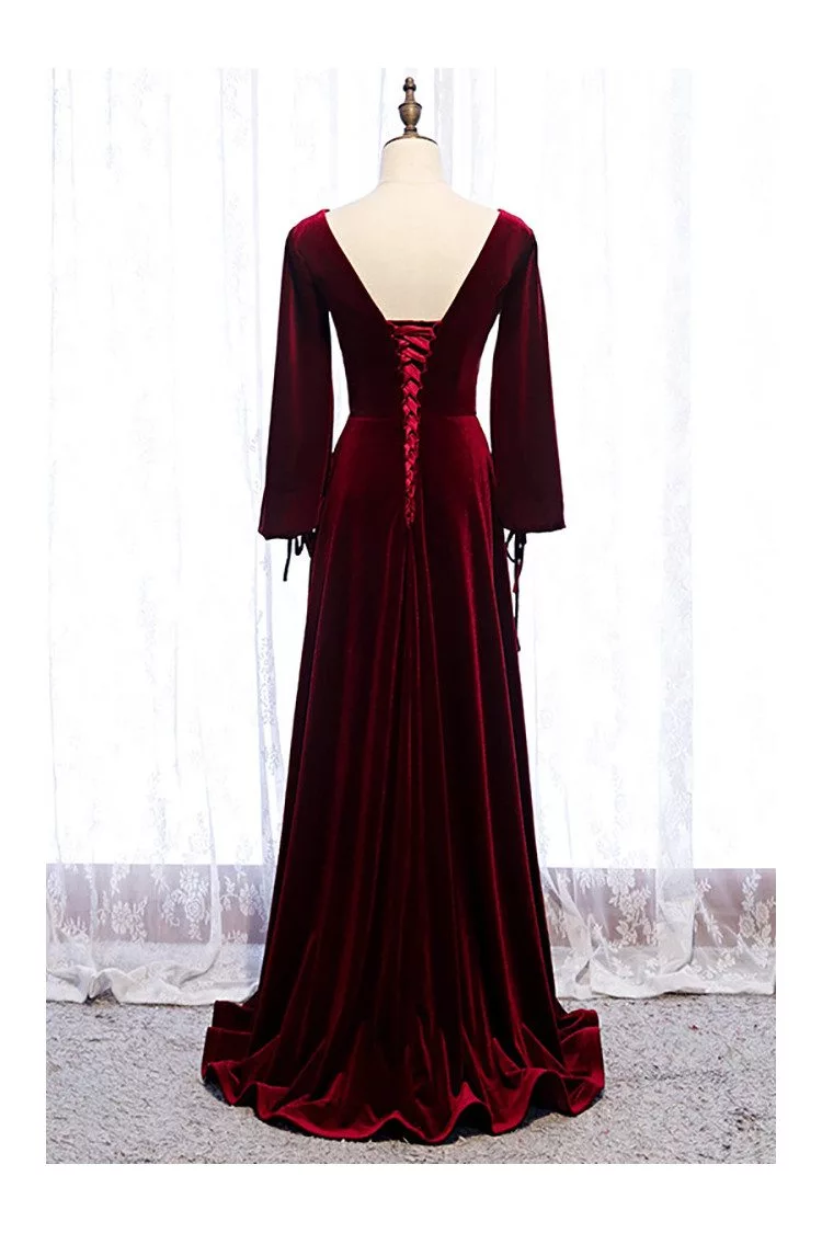 Deep Red Vneck Evening Dress Velvet with Lantern Long Sleeves - $104. ...