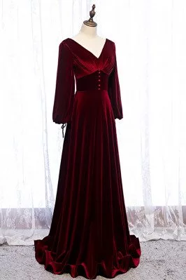 Deep Red Vneck Evening Dress Velvet with Lantern Long Sleeves - $104. ...