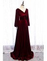 Deep Red Vneck Evening Dress Velvet with Lantern Long Sleeves - MX16060