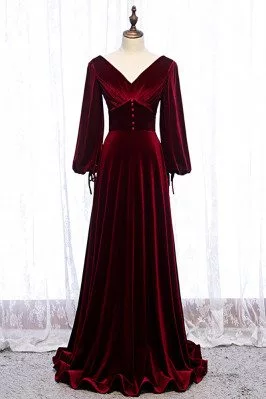 Deep Red Vneck Evening Dress Velvet with Lantern Long Sleeves - MX16060