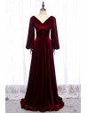 Deep Red Vneck Evening Dress Velvet with Lantern Long Sleeves - MX16060