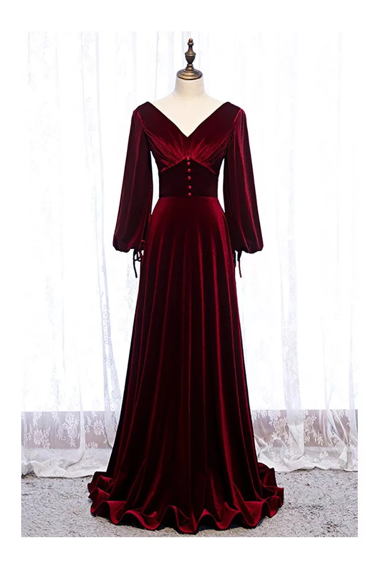 Scalloped Lace & Velvet Maxi Dress - Burgundy