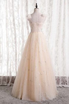 Pretty Light Champagne Long Tulle Prom Dress with Beadings - MX16116