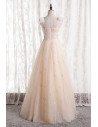 Pretty Light Champagne Long Tulle Prom Dress with Beadings - MX16116