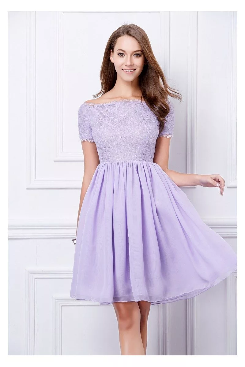 Lace Chiffon Off Shoulder Short Dress - $56 #DK331 - SheProm.com