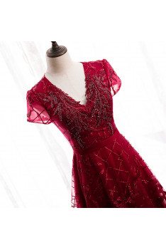 Burgundy Vneck Sequined Formal Dress Modest with Sleeves - MX16025
