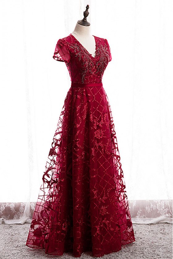 Burgundy Vneck Sequined Formal Dress Modest with Sleeves - $98.9784 #MX16025 - SheProm.com Burgundy Vneck Sequined Formal Dress Modest with Sleeves - $98.9784 #MX16025 - SheProm.com