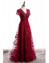Burgundy Vneck Sequined Formal Dress Modest with Sleeves - MX16025