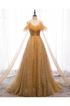 Bling Gold Sequins Formal Prom Dress with Straps - MX16036
