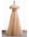 Champagne Long Tulle Off Shoulder Prom Dress with Appliques Sequins - MX16096