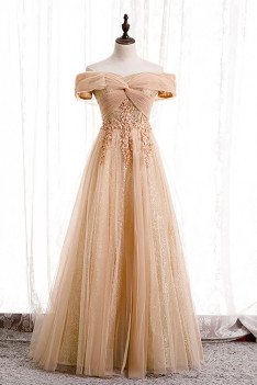Champagne Long Tulle Off Shoulder Prom Dress with Appliques Sequins - MX16096