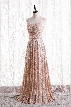 Pleated Champagne Gold Sequined Formal Dress with Spaghetti Straps - MX16135