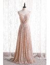 Pleated Champagne Gold Sequined Formal Dress with Spaghetti Straps - MX16135