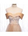 Bling Champagne Tulle Prom Dress Off Shoulder with Beaded Pattern - MX16113