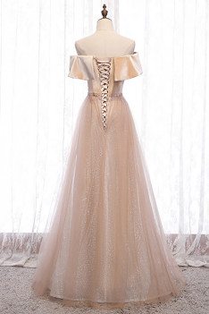 Bling Champagne Tulle Prom Dress Off Shoulder with Beaded Pattern - MX16113