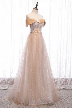 Bling Champagne Tulle Prom Dress Off Shoulder with Beaded Pattern - MX16113