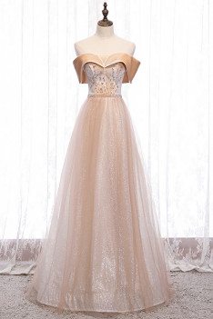 Bling Champagne Tulle Prom Dress Off Shoulder with Beaded Pattern - MX16113