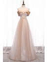 Bling Champagne Tulle Prom Dress Off Shoulder with Beaded Pattern - MX16113