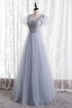 Beaded Aline Tulle Prom Dress Square Neck with Bubble Sleeves - MX16117