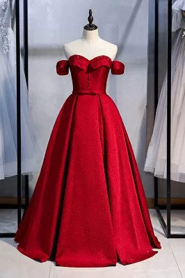 Beaded Pleated Burgundy Formal Dress Ballgown Sweetheart Off Shoulder - MX16014