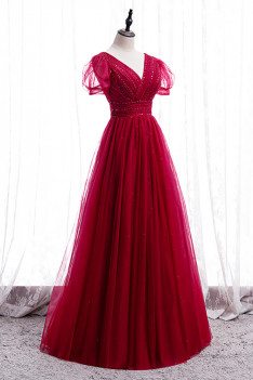 Burgundy Sequined Tulle Vneck Party Dress with Bubble Sleeves - MX16049