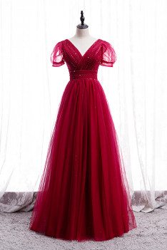 Burgundy Sequined Tulle Vneck Party Dress with Bubble Sleeves - MX16049