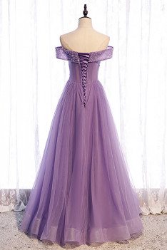 Purple Pleated Off Shoulder Tulle Prom Dress with Sequins - MX16101